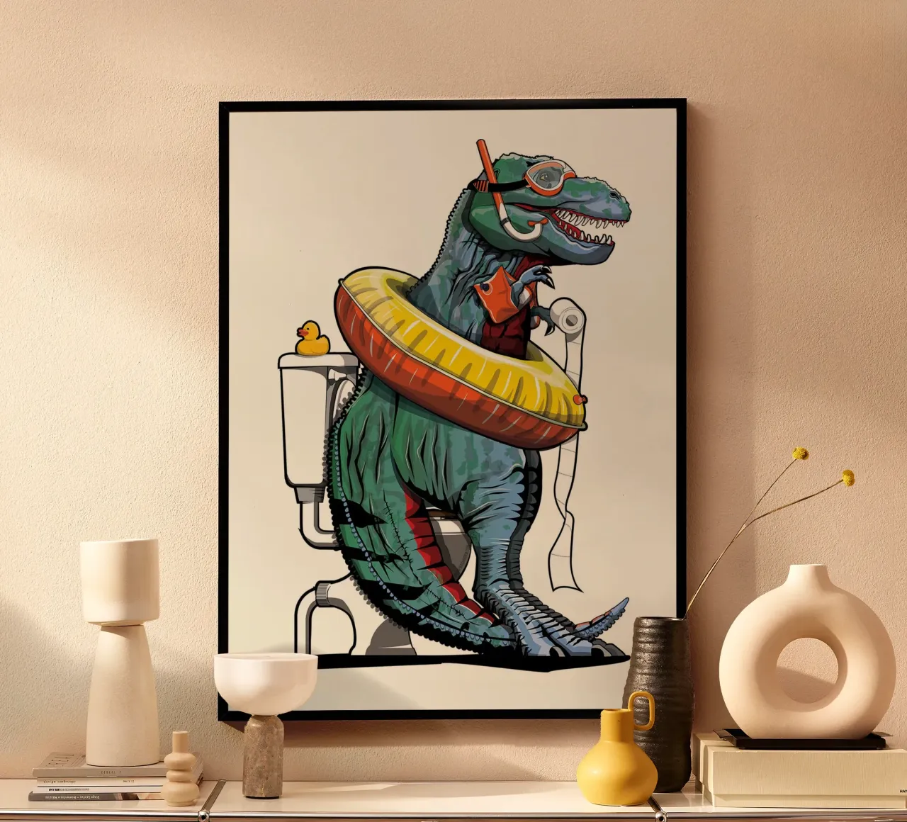 Dinosauro tirannosauro sul water poster con telaio in alluminio da David Jackson
