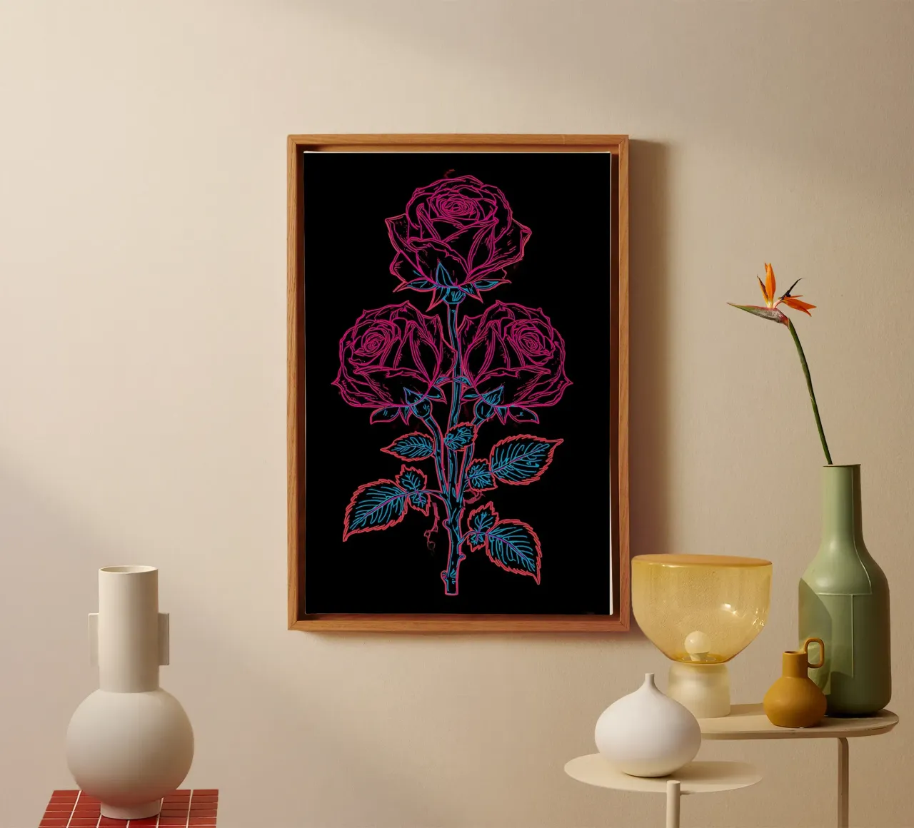 Stelo di rosa con fiori e foglie Disegno lineare rosa e blu tela con Cornice a cassetta da DesignDoodle