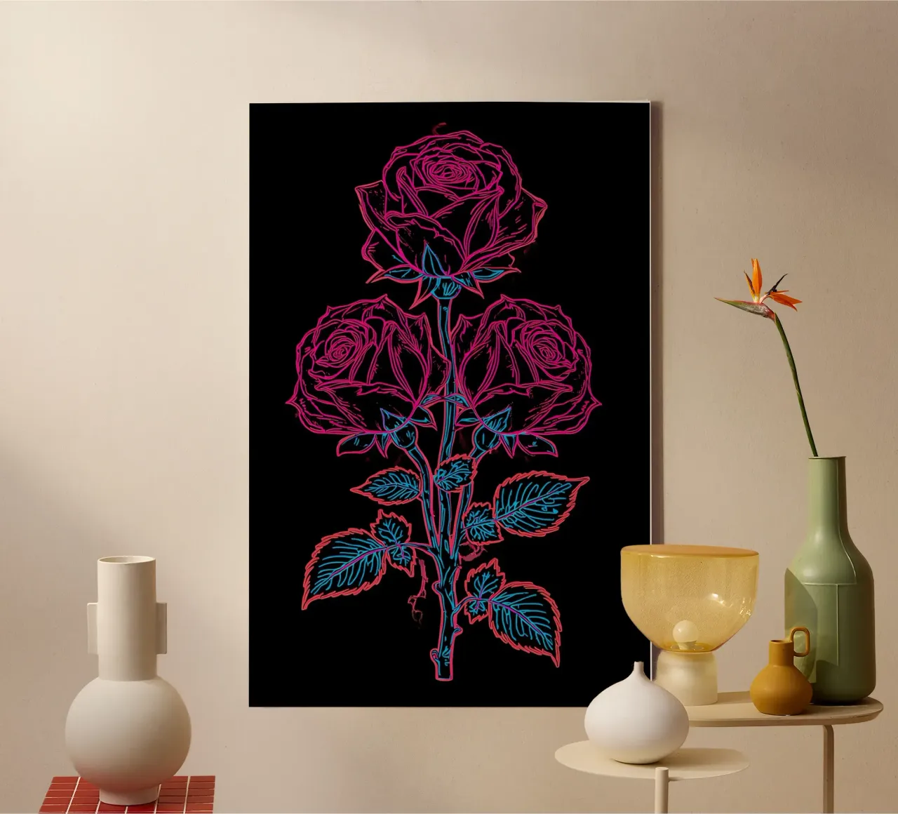 Stelo di rosa con fiori e foglie Disegno lineare rosa e blu tela con Cornice a cassetta da DesignDoodle