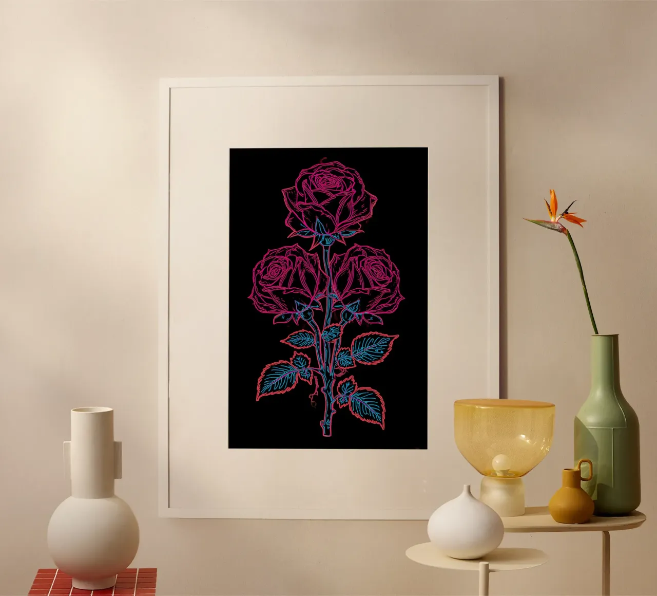 Stelo di rosa con fiori e foglie Disegno lineare rosa e blu poster da DesignDoodle