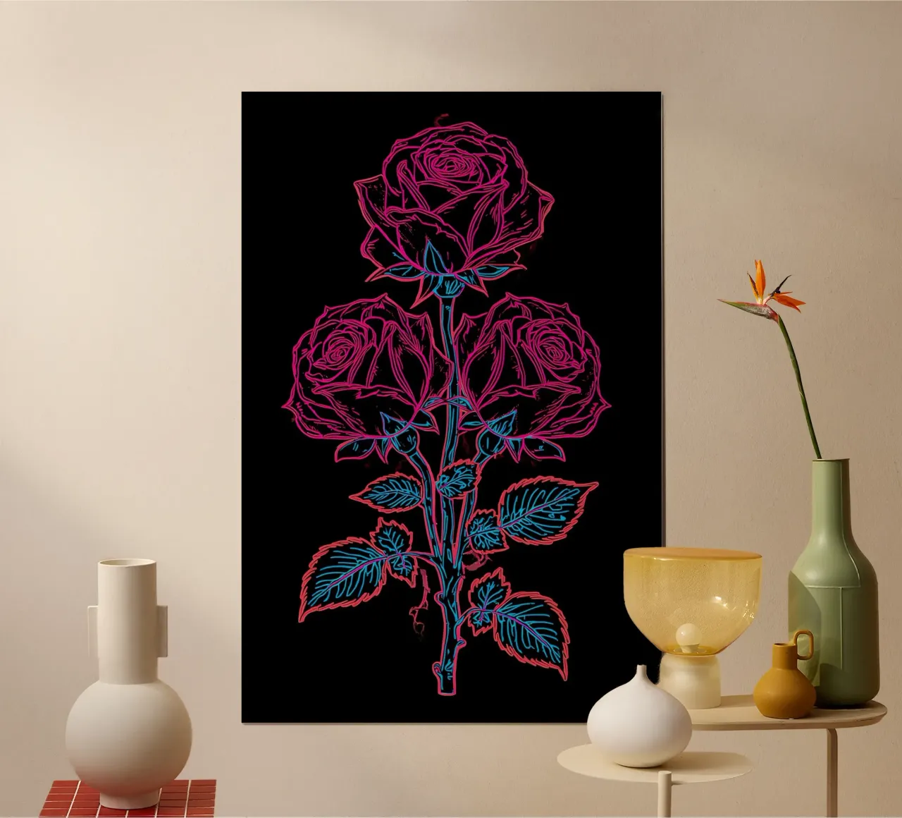Stelo di rosa con fiori e foglie Disegno lineare rosa e blu poster da DesignDoodle