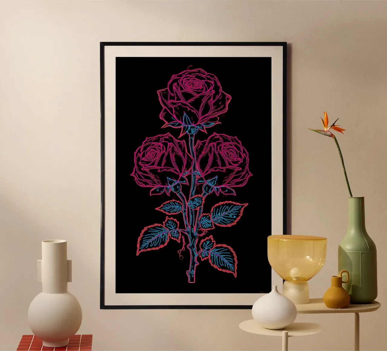 Stelo di rosa con fiori e foglie Disegno lineare rosa e blu poster da DesignDoodle
