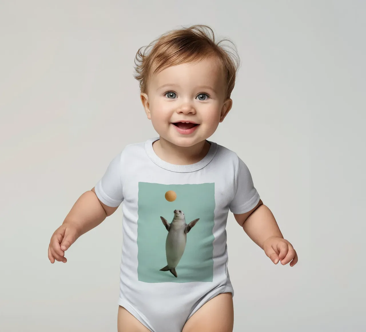 Seal Balancing with Ball on Green Background short-sleeve baby romper by DesignDoodle