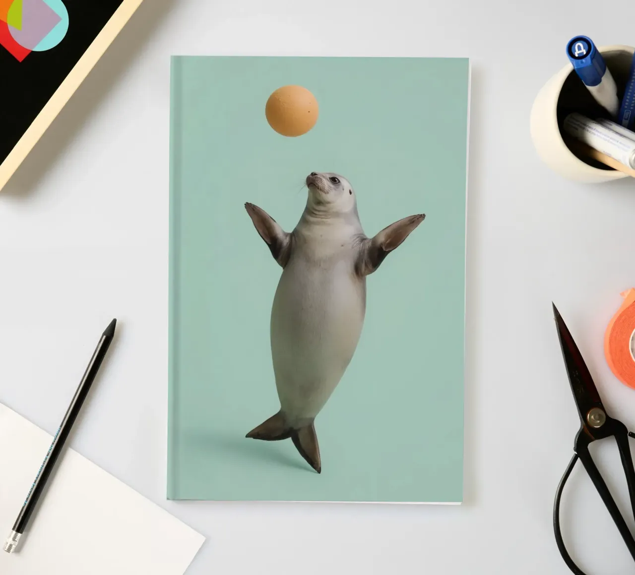 Seal Balancing with Ball on Green Background notebook by DesignDoodle