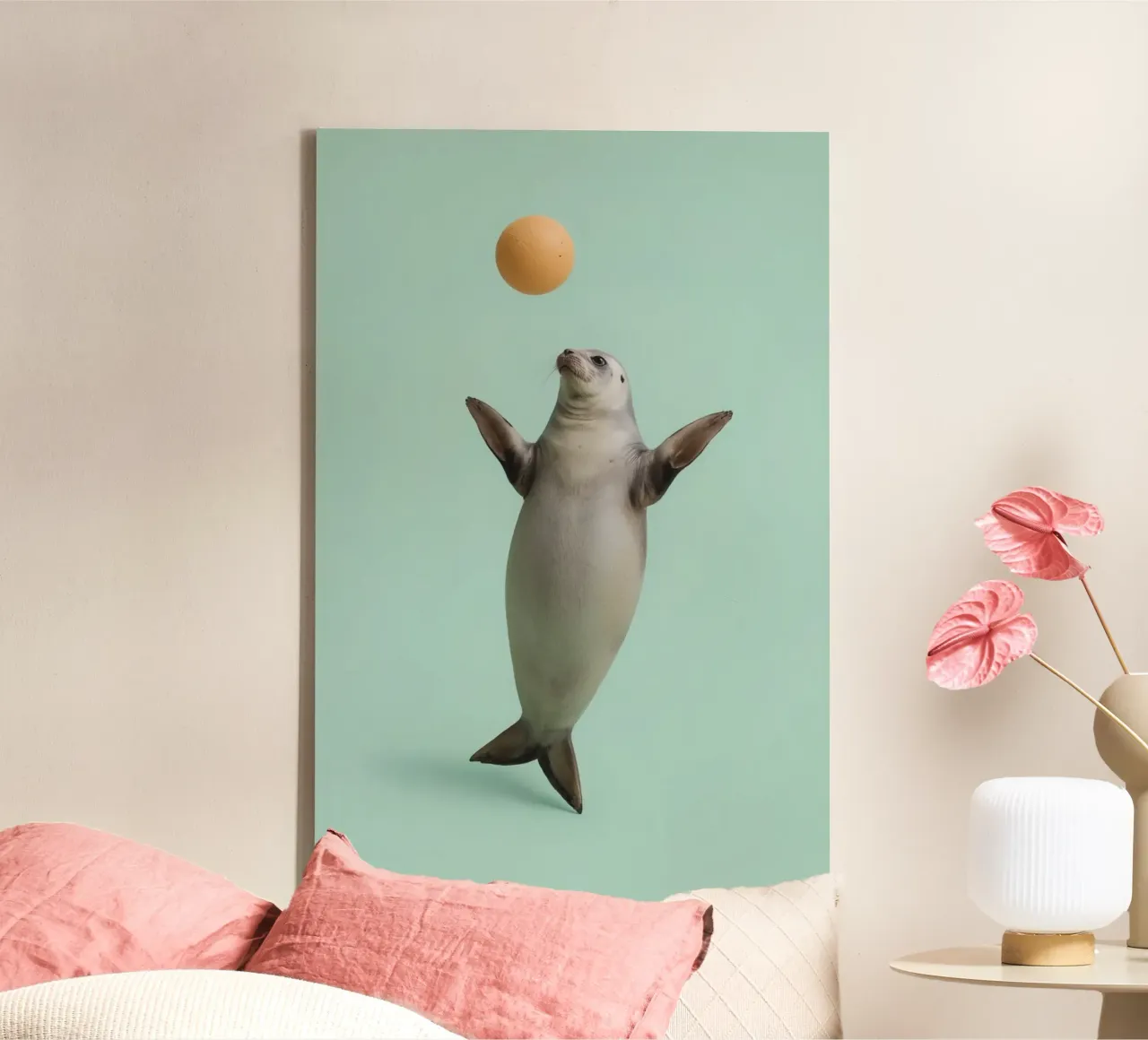 Seal Balancing with Ball on Green Background canvas by DesignDoodle