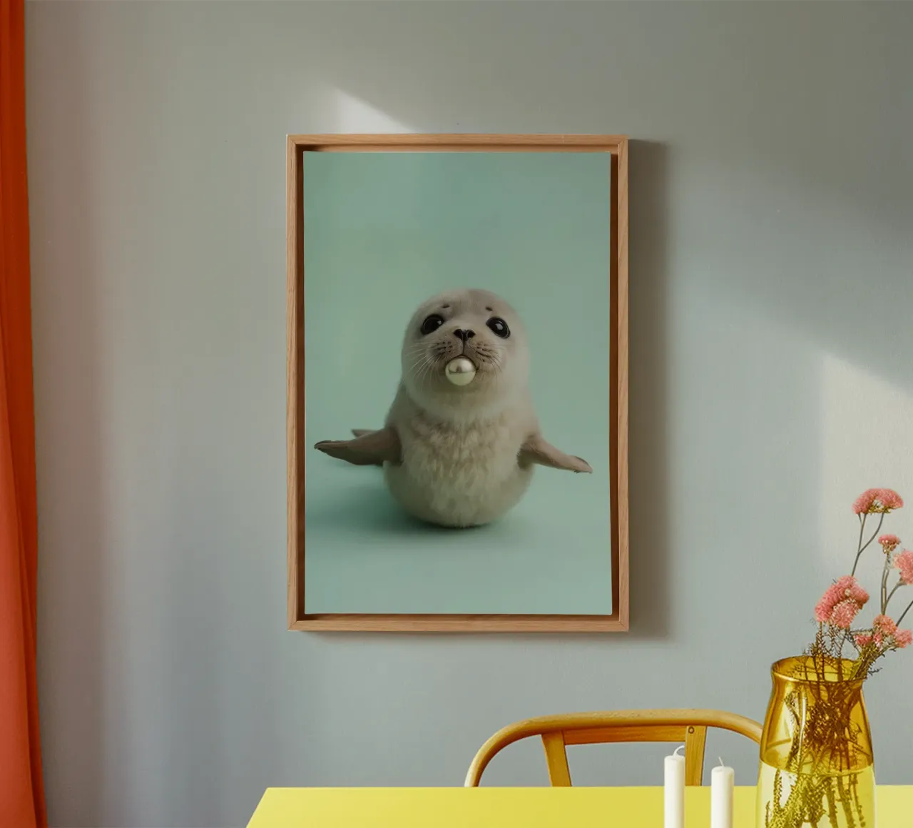 Seal Pup with Pearl on Turquoise Green Background canvas with Floater frame by DesignDoodle