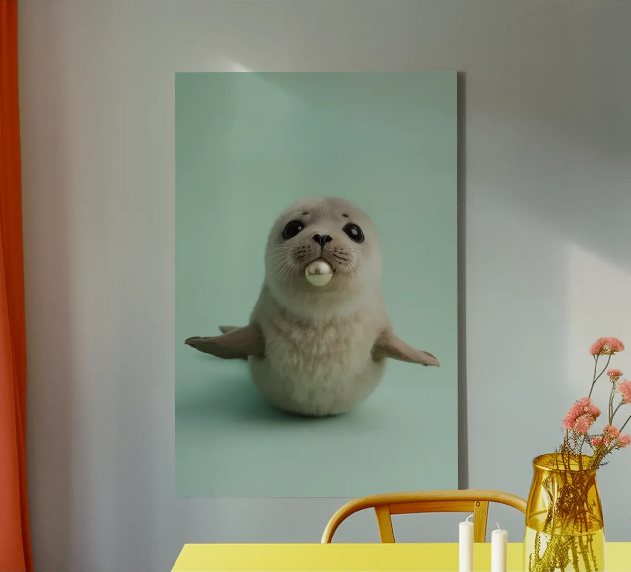 Seal Pup with Pearl on Turquoise Green Background canvas with Floater frame by DesignDoodle