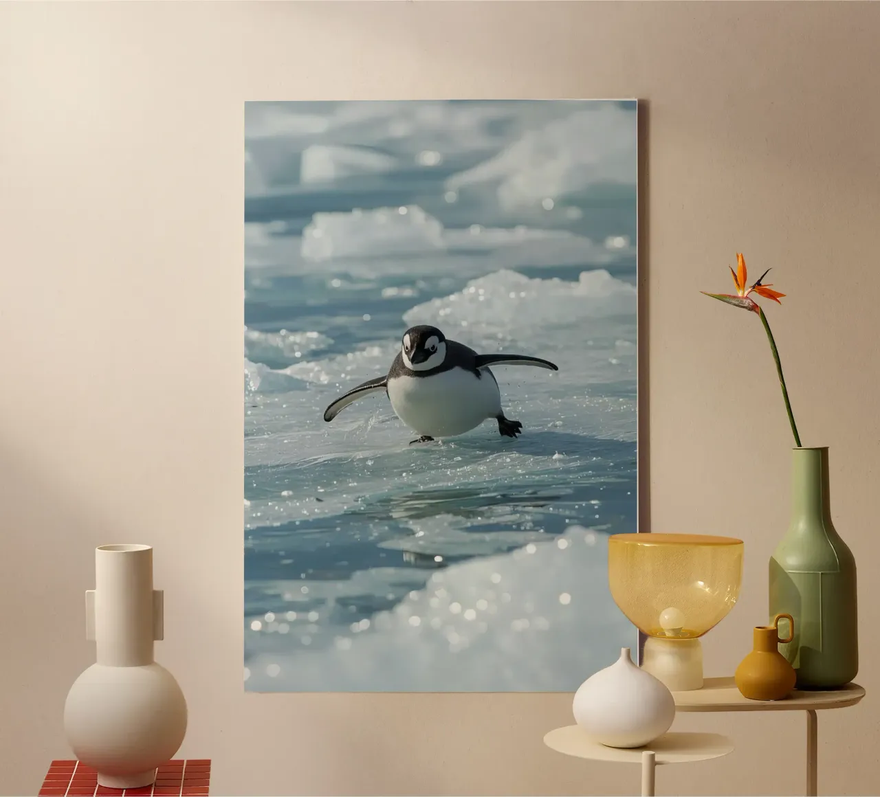Single Penguin skating on Ice canvas with Floater frame by DesignDoodle