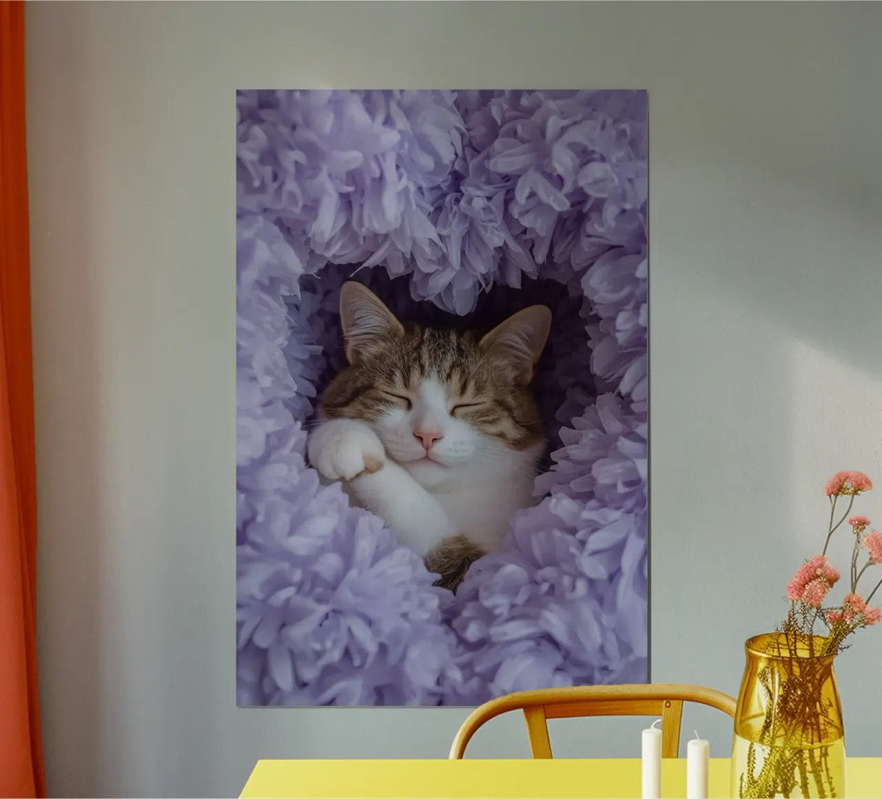 Gatto addormentato con fiori di carta velina viola poster con telaio in legno da DesignDoodle