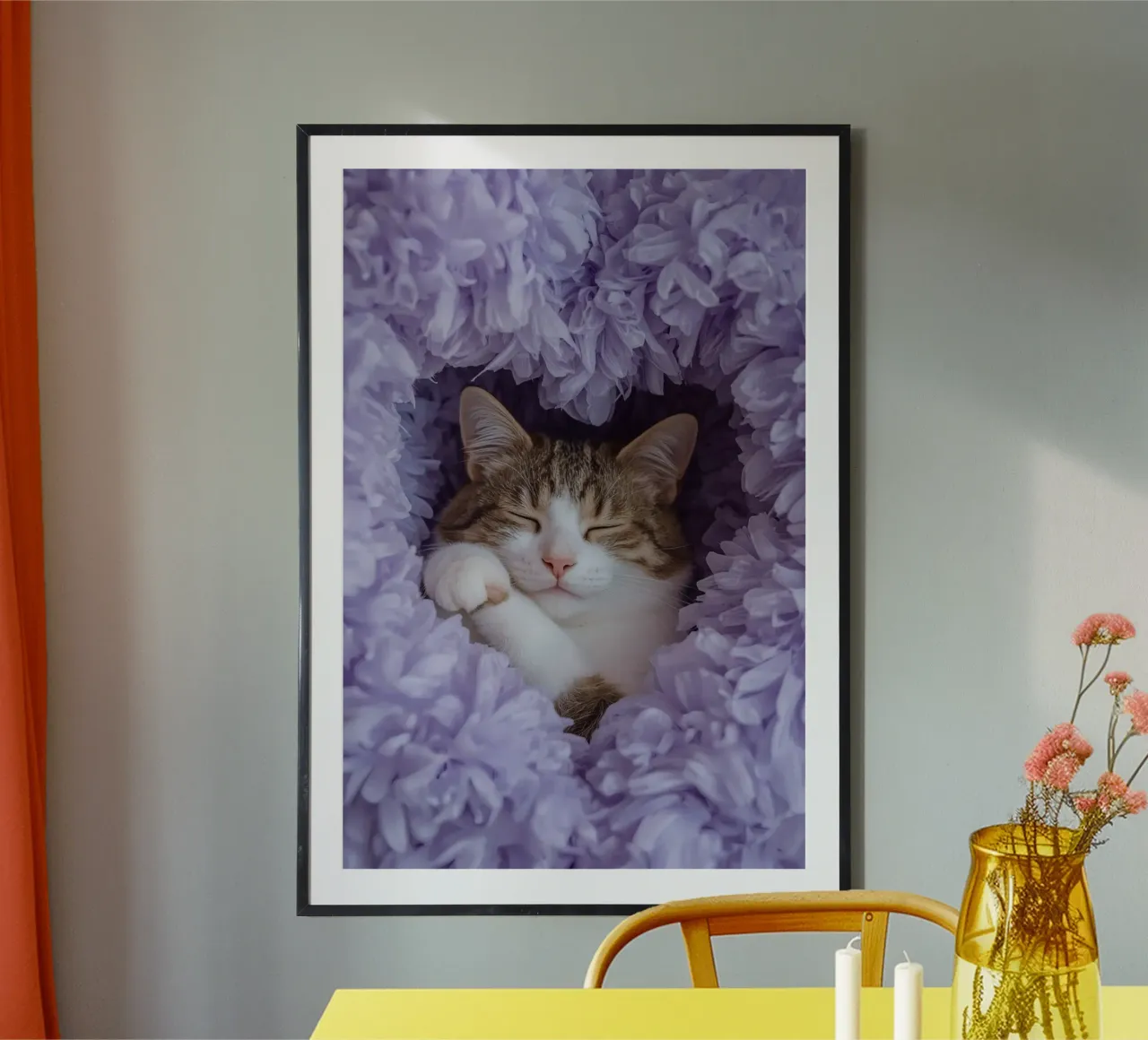 Gatto addormentato con fiori di carta velina viola poster con telaio in legno da DesignDoodle