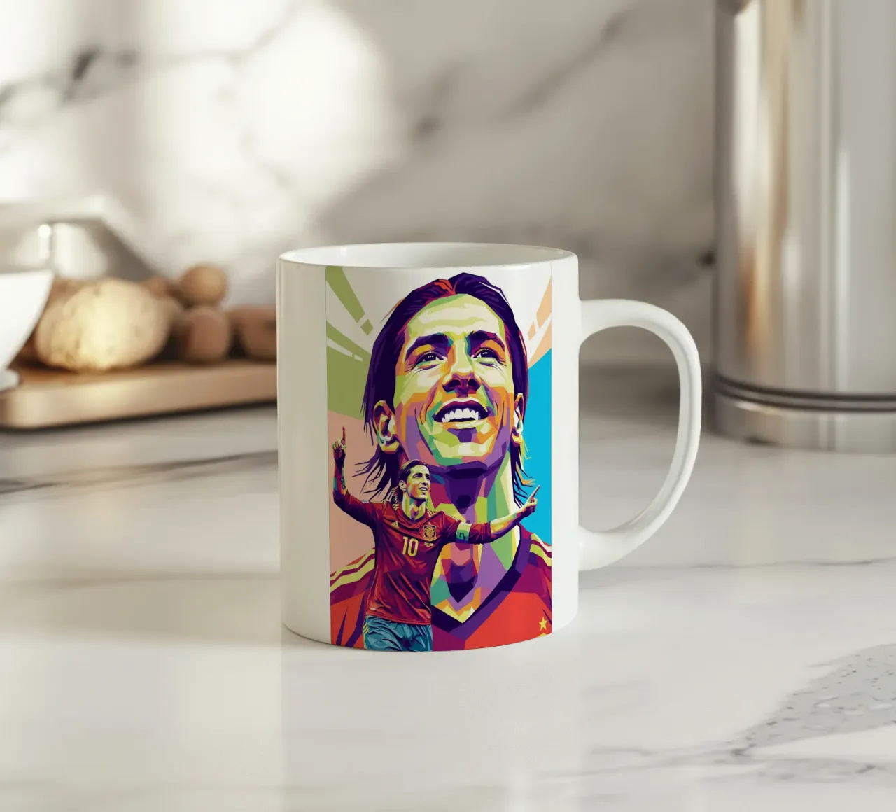 Fernando Torres con l'iconico sorriso tazza in ceramica da Hantamrata