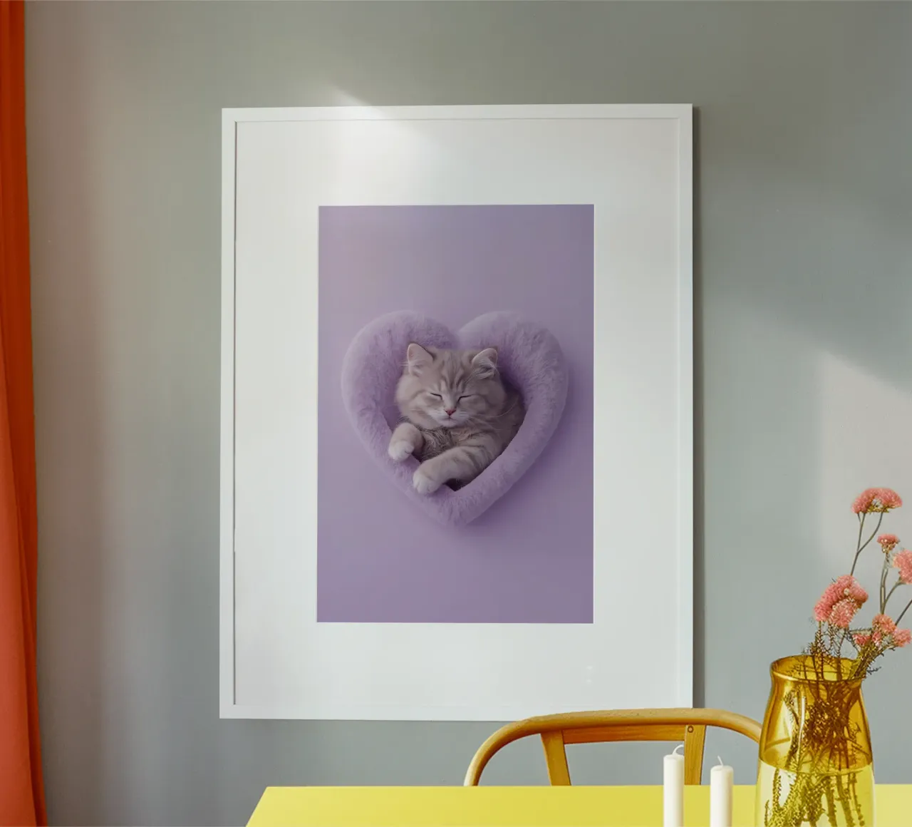Schlafendes Kätzchen im Lavendelherzbett Poster von DesignDoodle