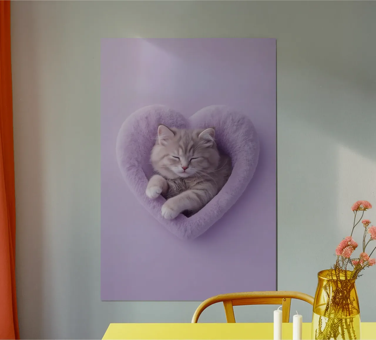 Schlafendes Kätzchen im Lavendelherzbett Poster von DesignDoodle