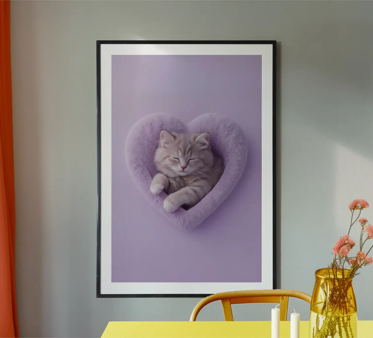 Schlafendes Kätzchen im Lavendelherzbett Poster von DesignDoodle