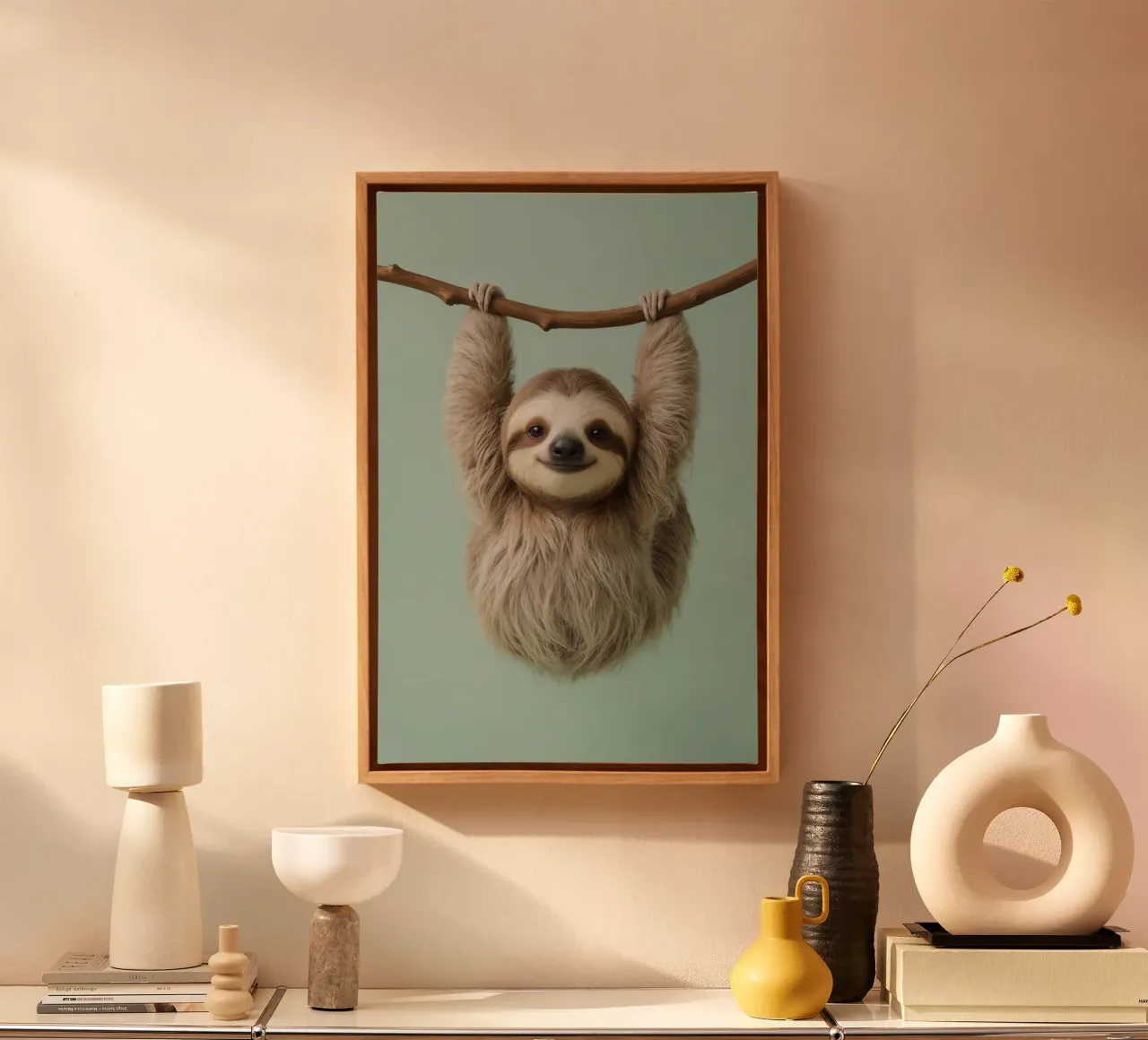 Bradipo felice appeso a un ramo tela con Cornice a cassetta da DesignDoodle