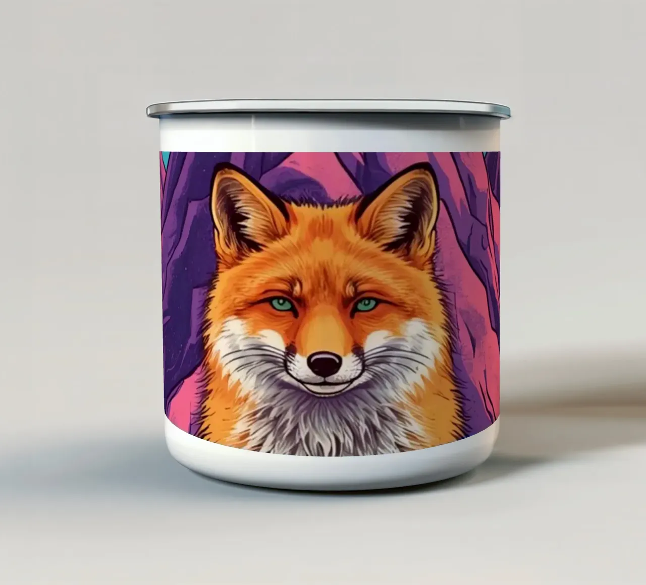 Volpe in piedi davanti a tre montagne tazza in smalto da DesignDoodle