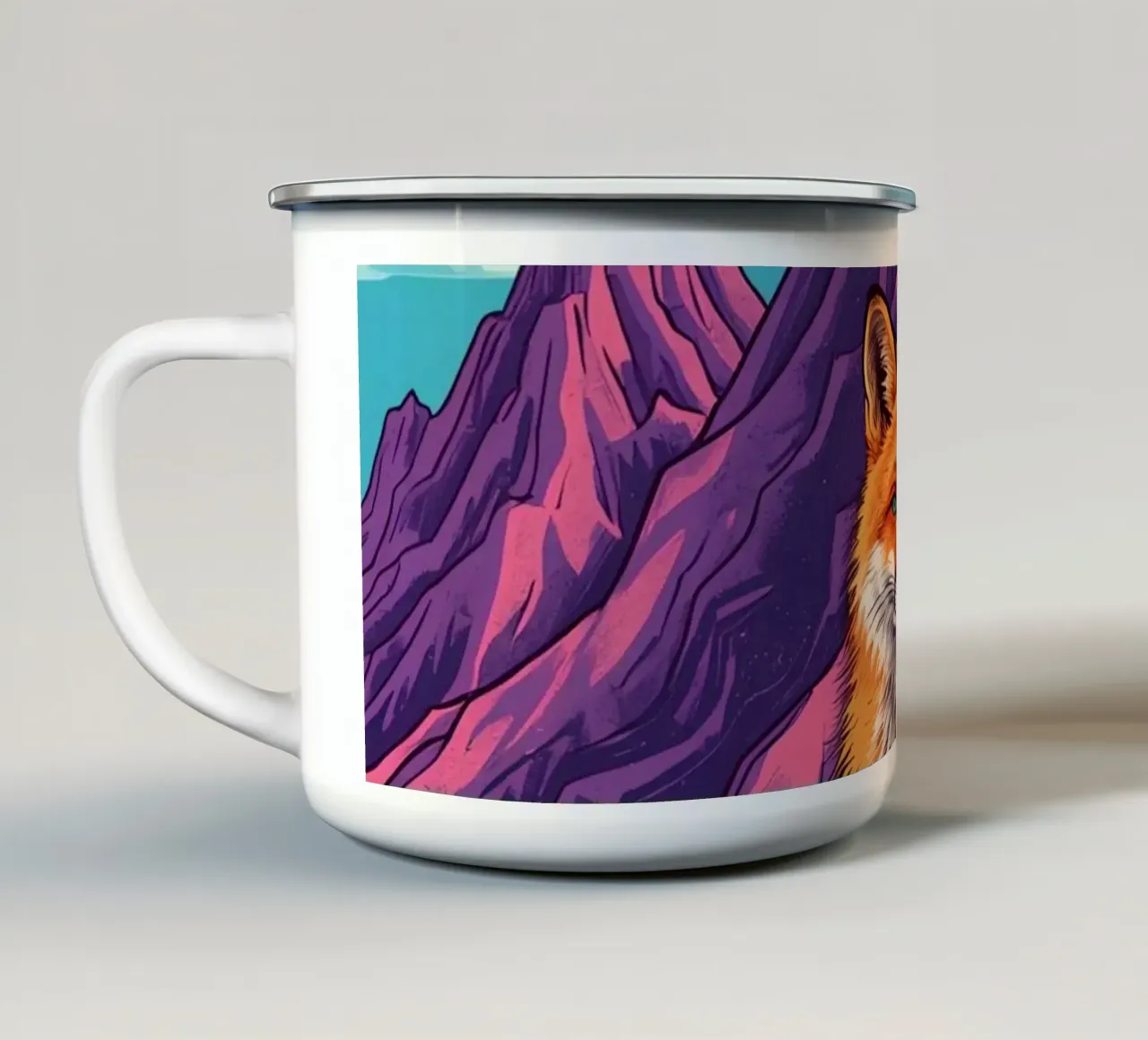 Volpe in piedi davanti a tre montagne tazza in smalto da DesignDoodle