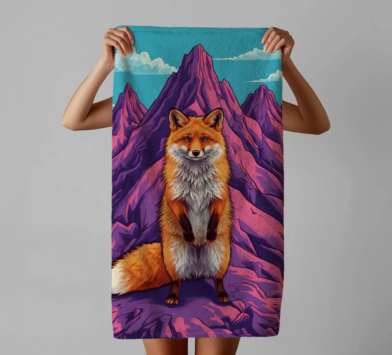 Standing Fox in Front of Three Mountains towel by DesignDoodle