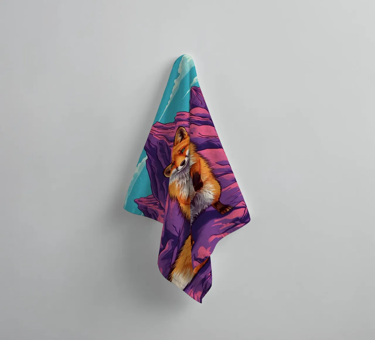 Standing Fox in Front of Three Mountains towel by DesignDoodle