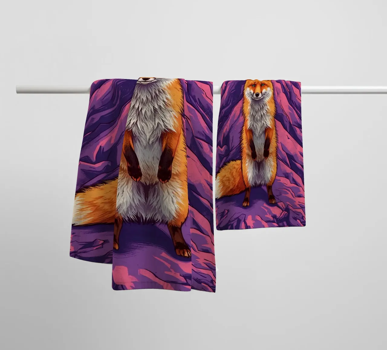 Standing Fox in Front of Three Mountains towel by DesignDoodle