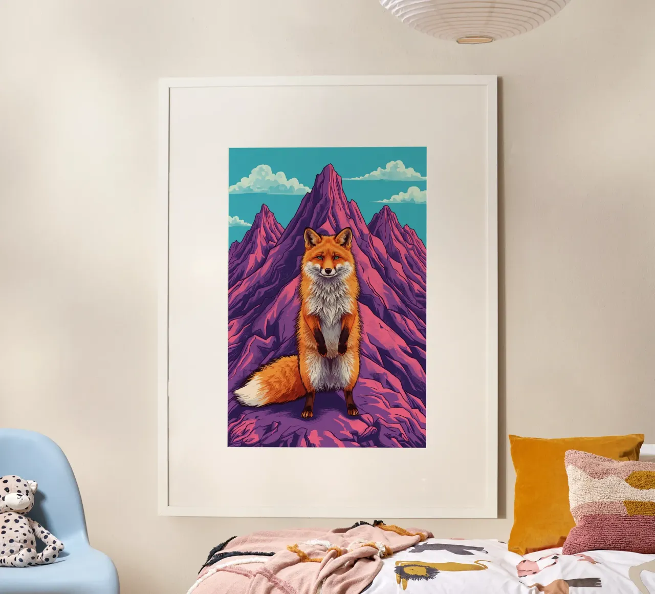 Volpe in piedi davanti a tre montagne poster con telaio in plastica da DesignDoodle