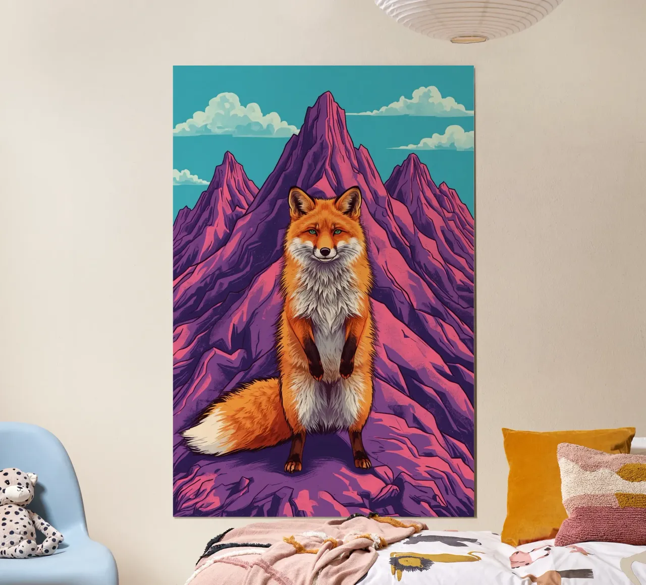 Volpe in piedi davanti a tre montagne poster con telaio in plastica da DesignDoodle