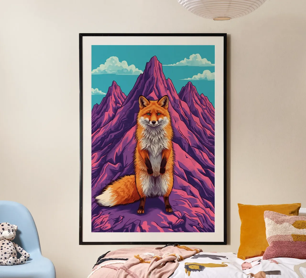 Volpe in piedi davanti a tre montagne poster con telaio in plastica da DesignDoodle