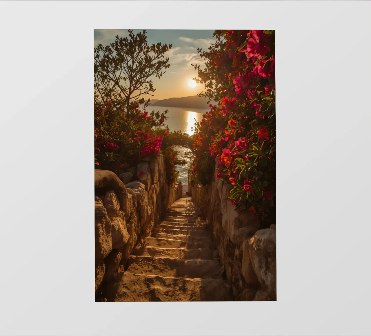 Scala in pietra con fiori che conduce alla vista dell'oceano al tramonto pellicola backlit da DesignDoodle