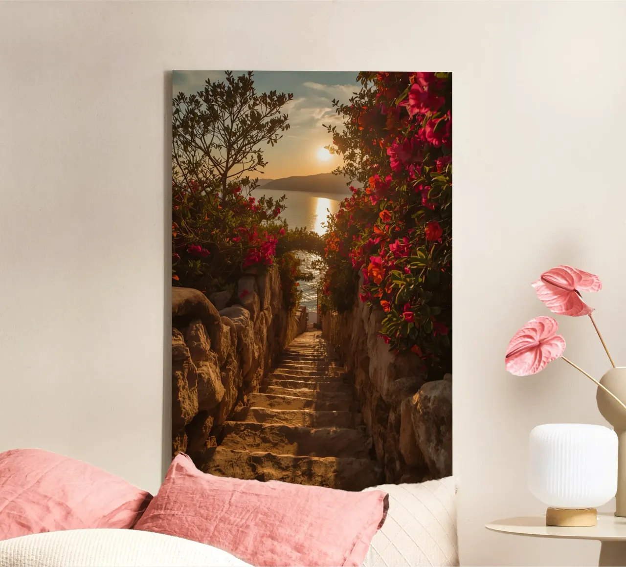 Scala in pietra con fiori che conduce alla vista dell'oceano al tramonto tela con Cornice a cassetta da DesignDoodle