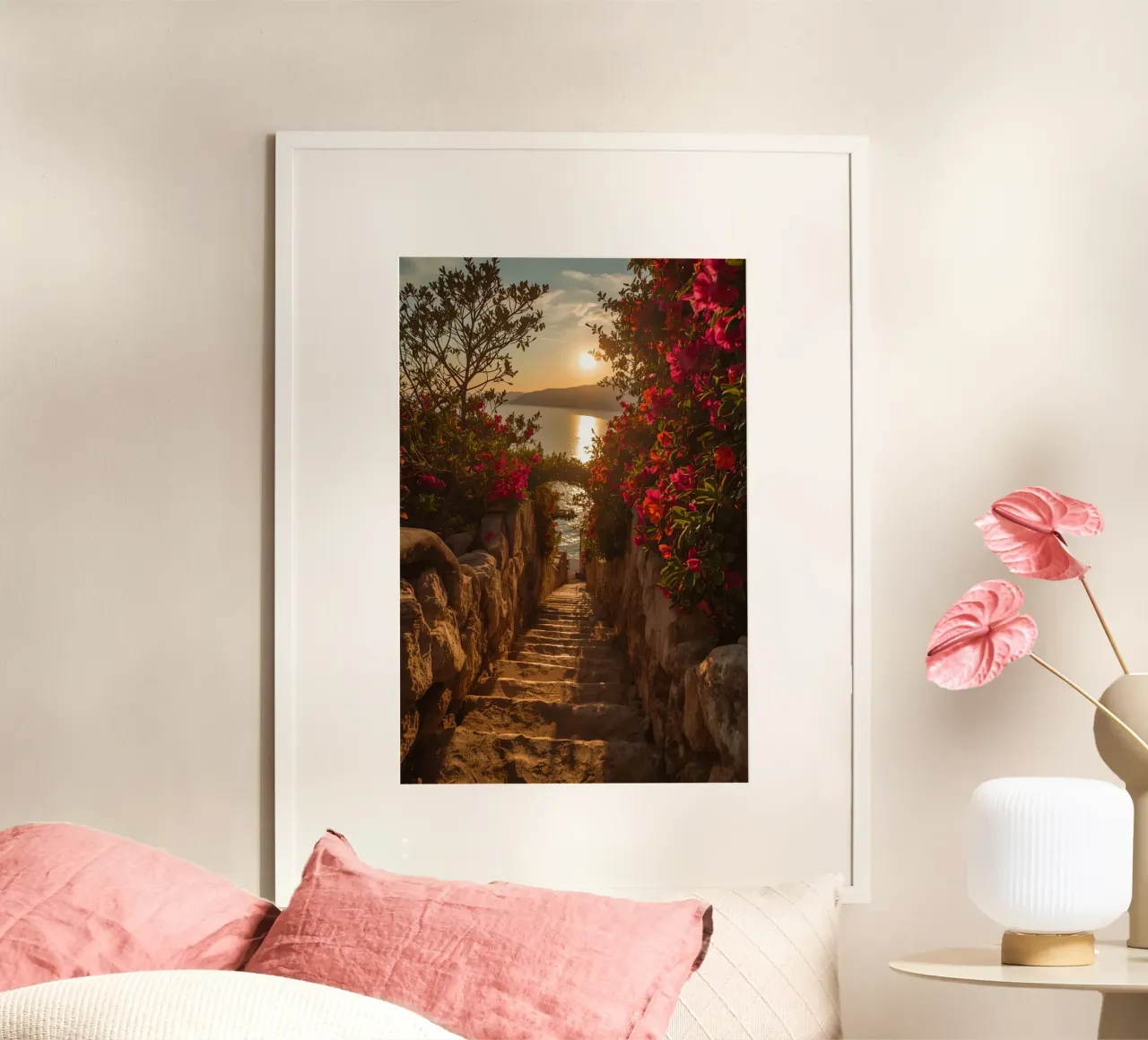 Scala in pietra con fiori che conduce alla vista dell'oceano al tramonto poster da DesignDoodle