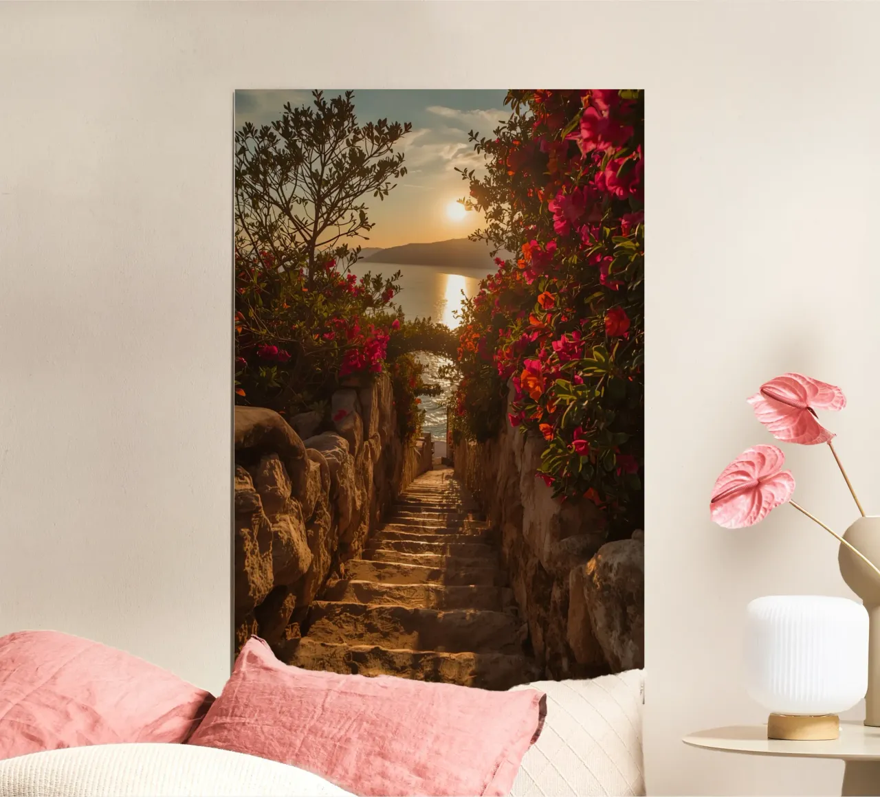 Scala in pietra con fiori che conduce alla vista dell'oceano al tramonto poster da DesignDoodle