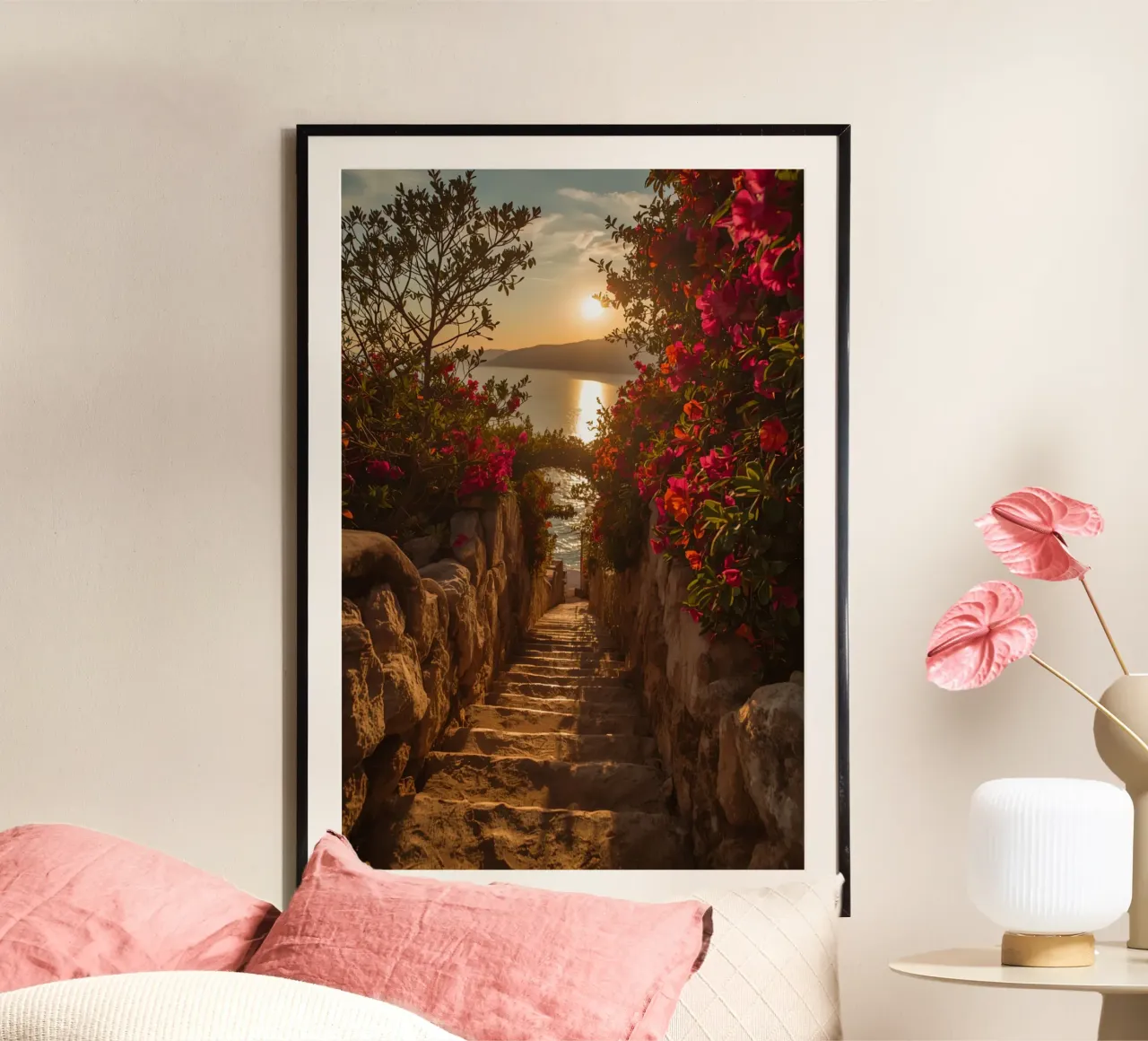 Scala in pietra con fiori che conduce alla vista dell'oceano al tramonto poster da DesignDoodle