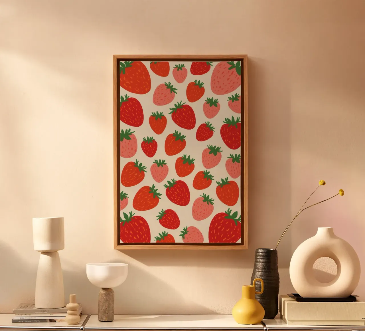 Strawberry Pattern with Red and Pink Berries canvas with Floater frame by DesignDoodle