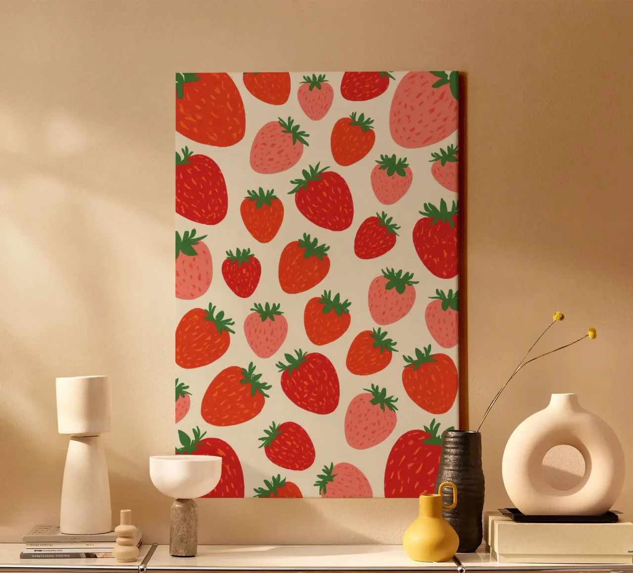 Strawberry Pattern with Red and Pink Berries canvas with Floater frame by DesignDoodle