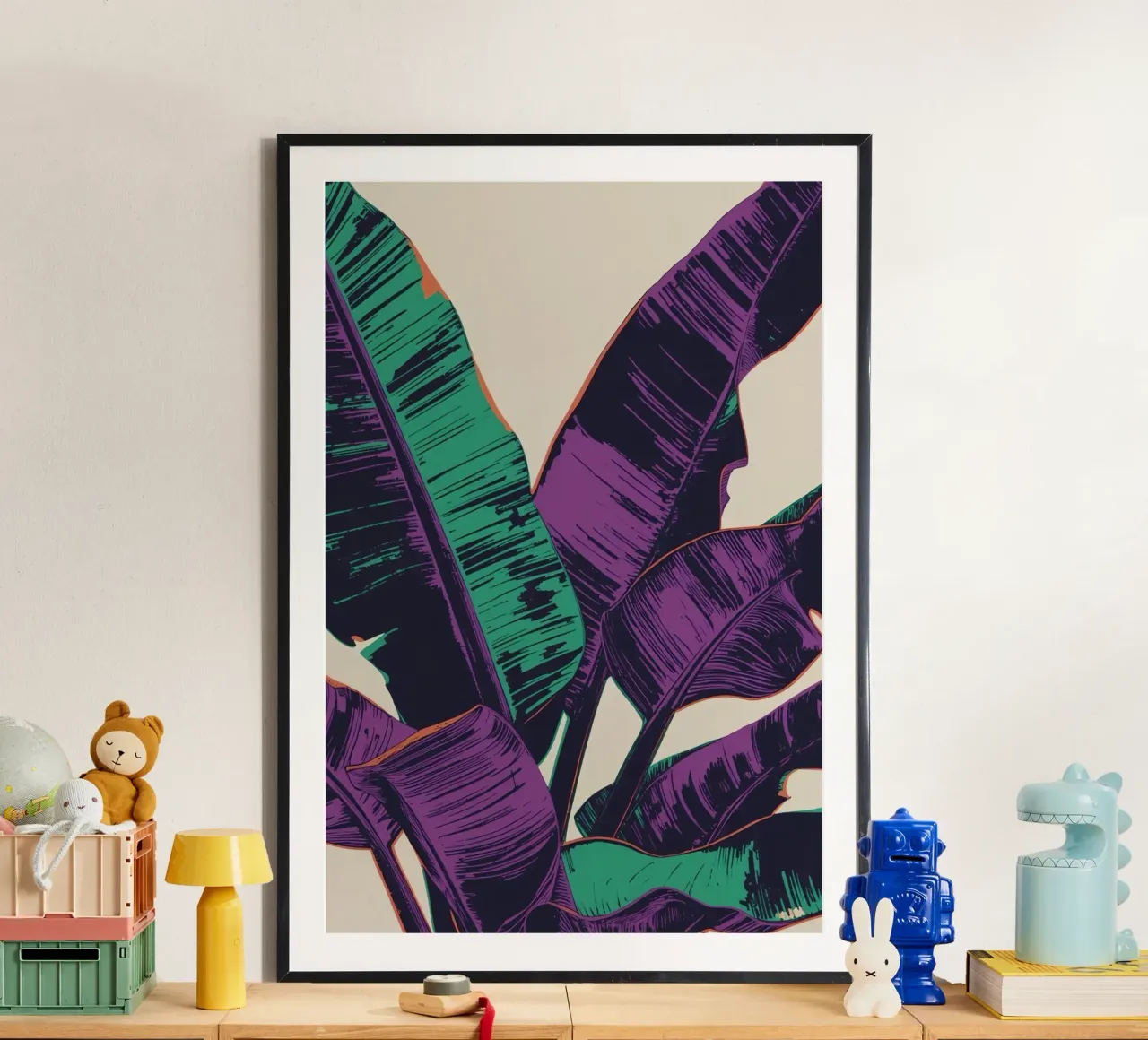 Arte delle foglie di banana stilizzate poster con telaio in alluminio da DesignDoodle