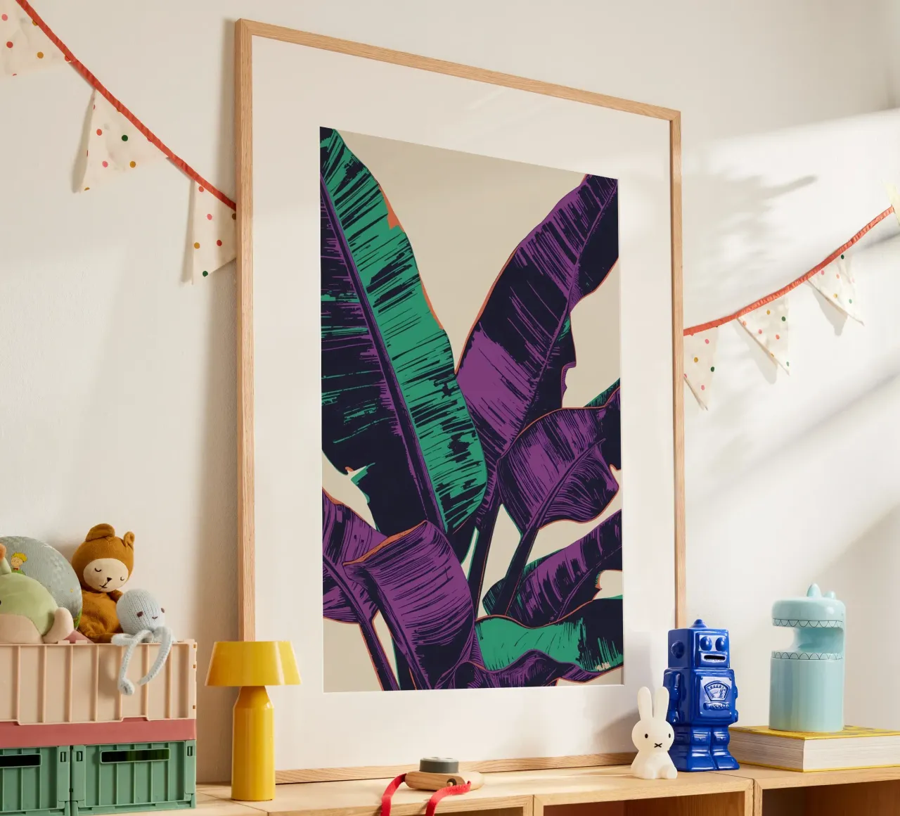 Arte delle foglie di banana stilizzate poster con telaio in alluminio da DesignDoodle