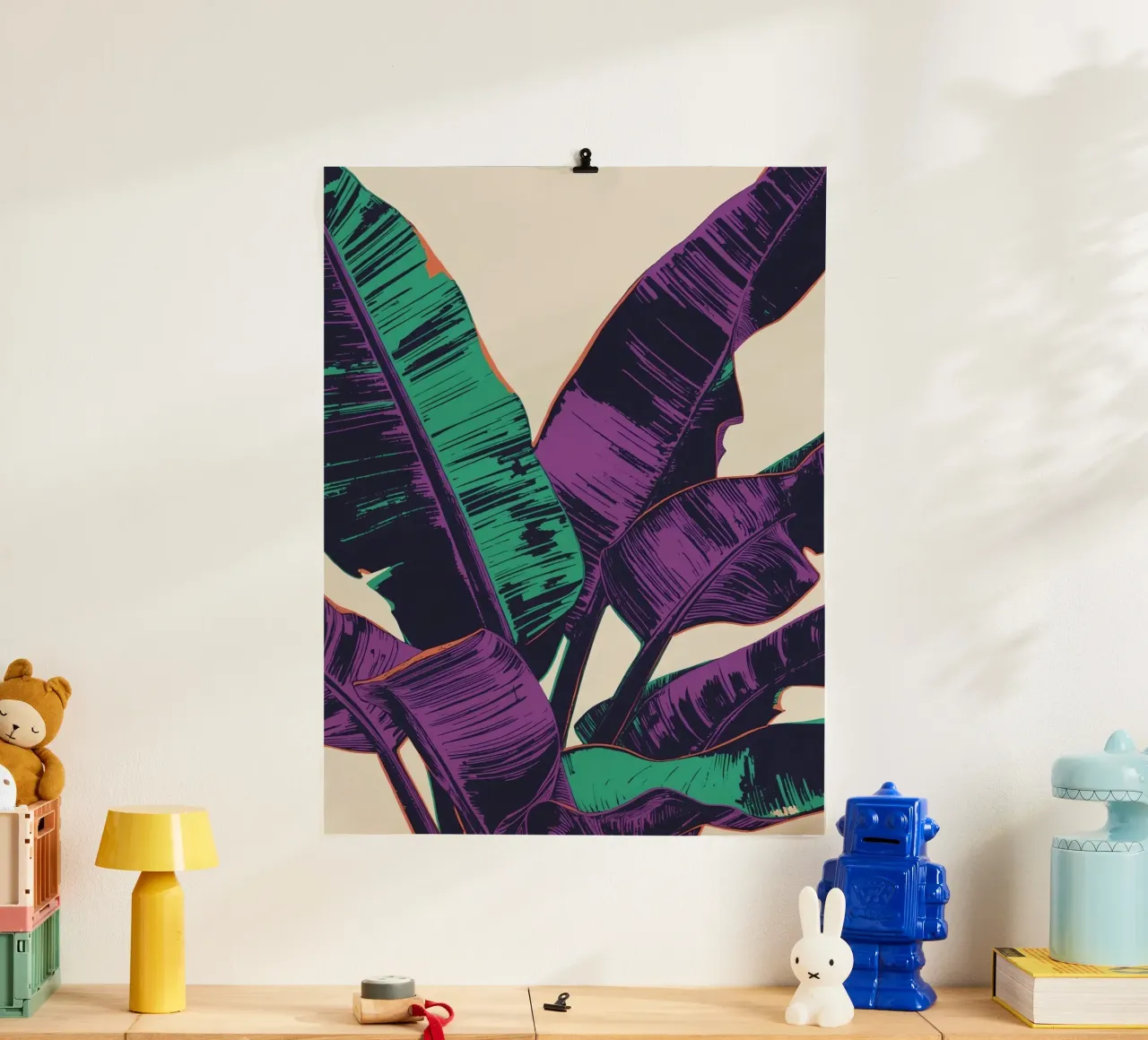 Arte delle foglie di banana stilizzate poster con telaio in alluminio da DesignDoodle