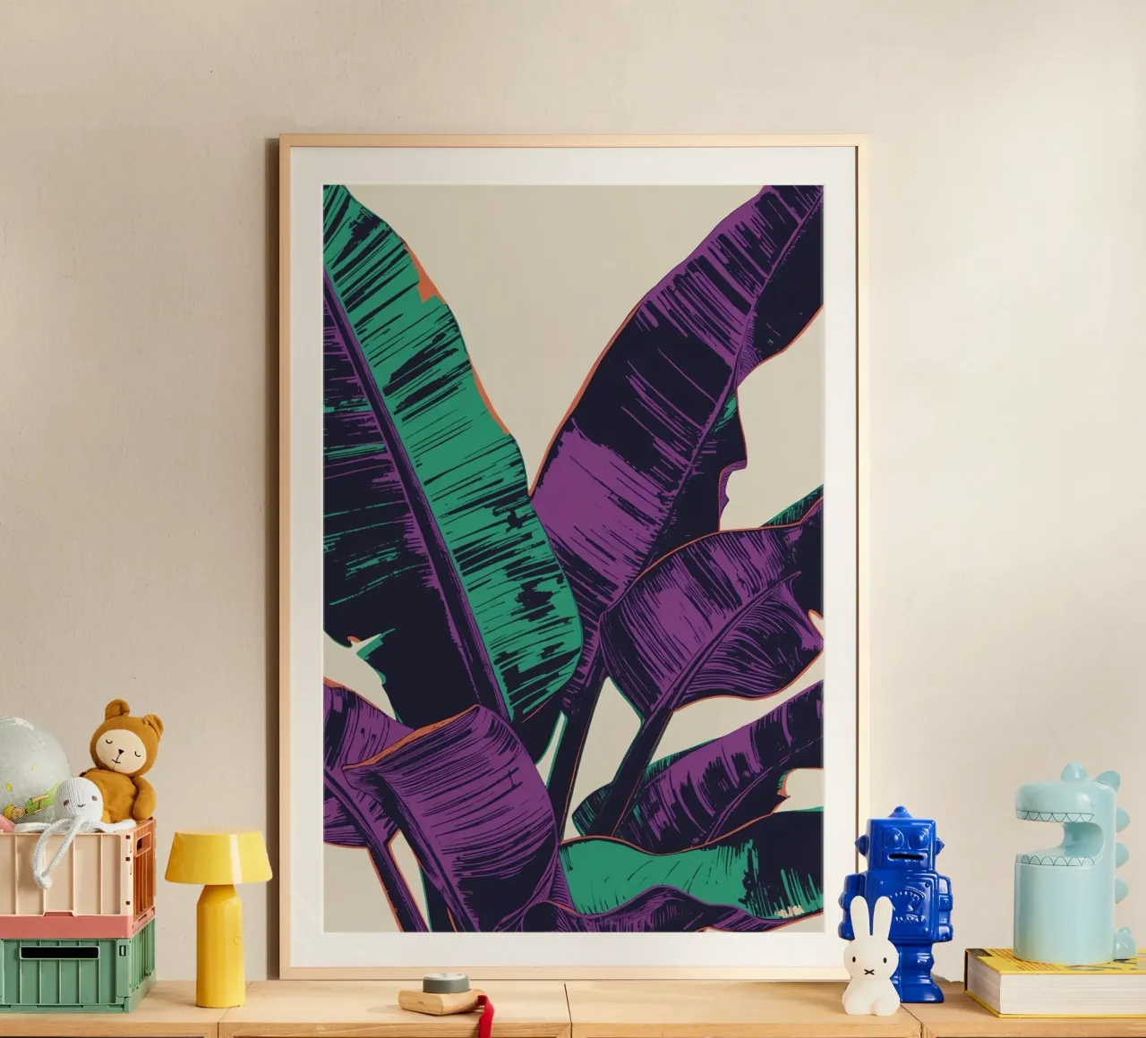 Arte delle foglie di banana stilizzate poster con telaio in alluminio da DesignDoodle