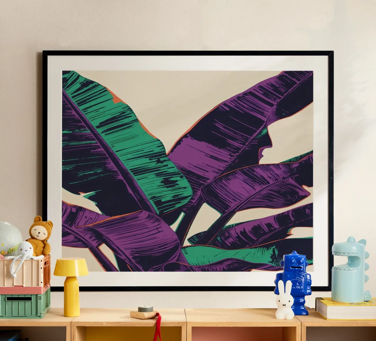 Arte delle foglie di banana stilizzate poster con telaio in alluminio da DesignDoodle