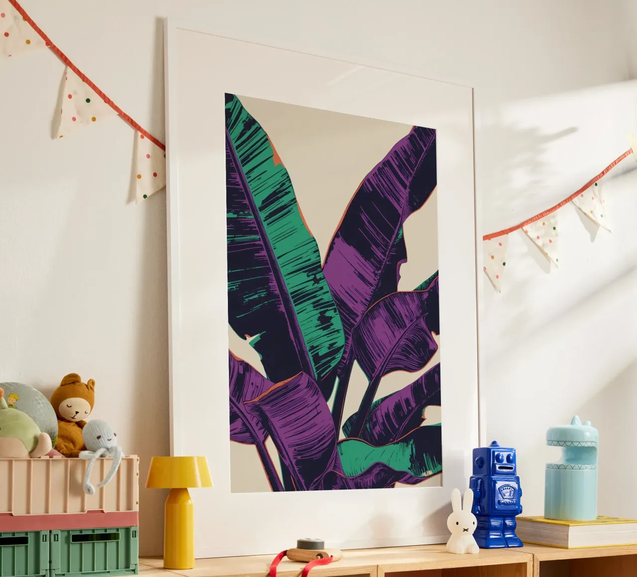 Arte delle foglie di banana stilizzate poster con telaio in alluminio da DesignDoodle