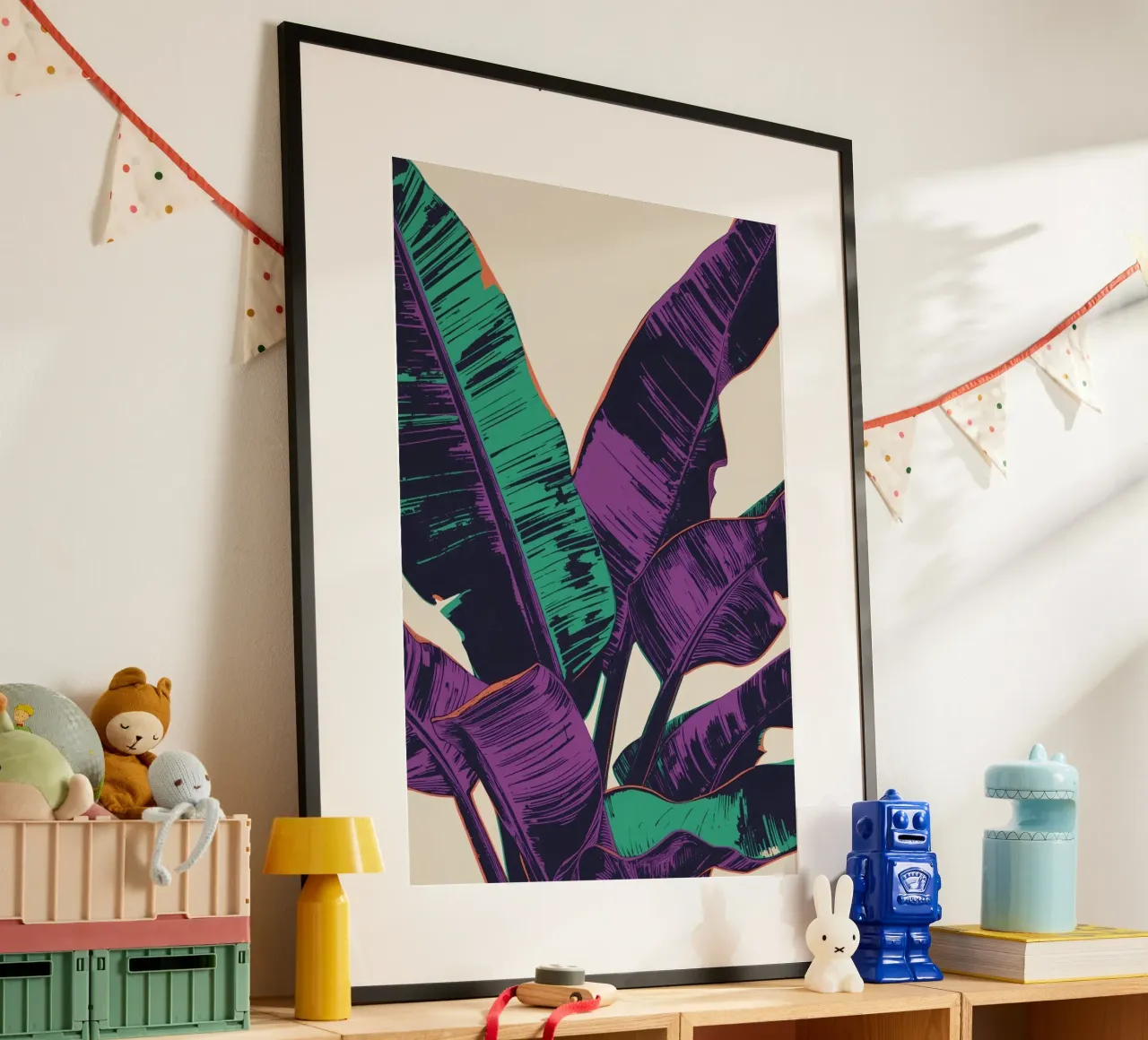 Arte delle foglie di banana stilizzate poster con telaio in alluminio da DesignDoodle