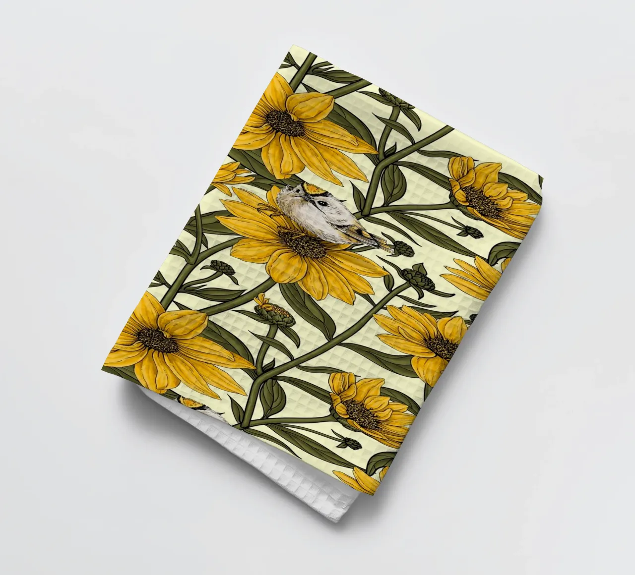 Tournesols sauvages et oiseaux à crête d'or/ jaune et vert sur crème torchon de Painted Nature