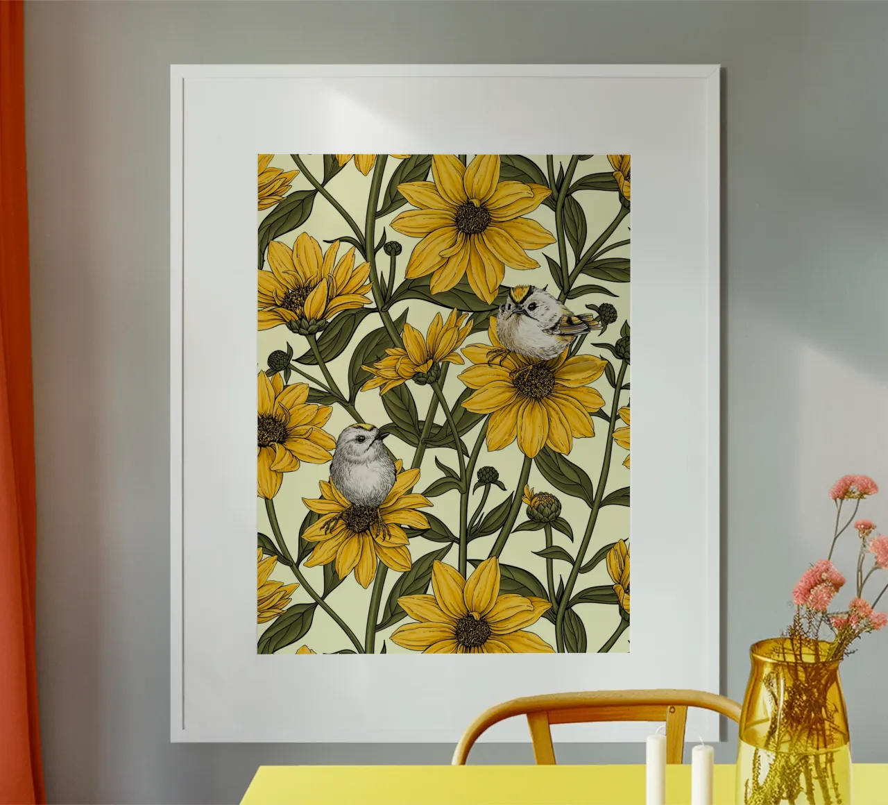 Girasoli selvatici e uccelli di tipo goldcrest/ giallo e verde su cre poster da Painted Nature