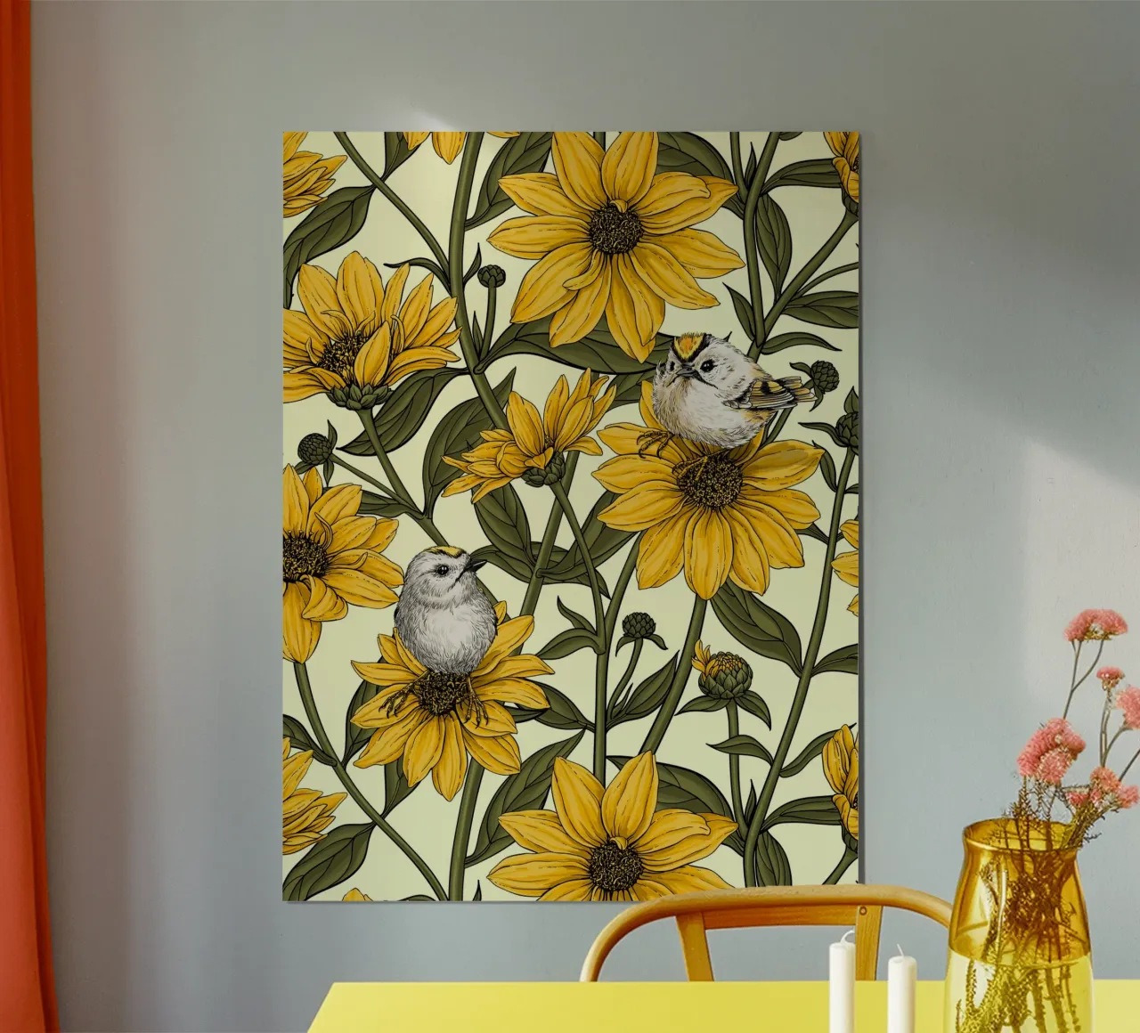 Girasoli selvatici e uccelli di tipo goldcrest/ giallo e verde su cre poster da Painted Nature