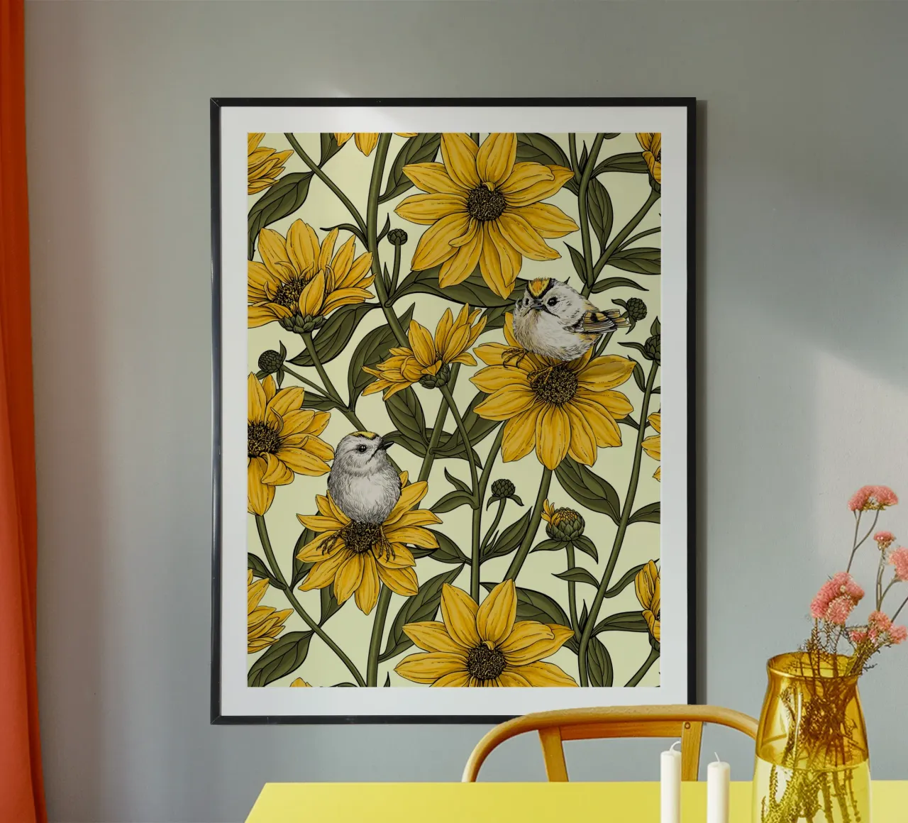 Girasoli selvatici e uccelli di tipo goldcrest/ giallo e verde su cre poster da Painted Nature