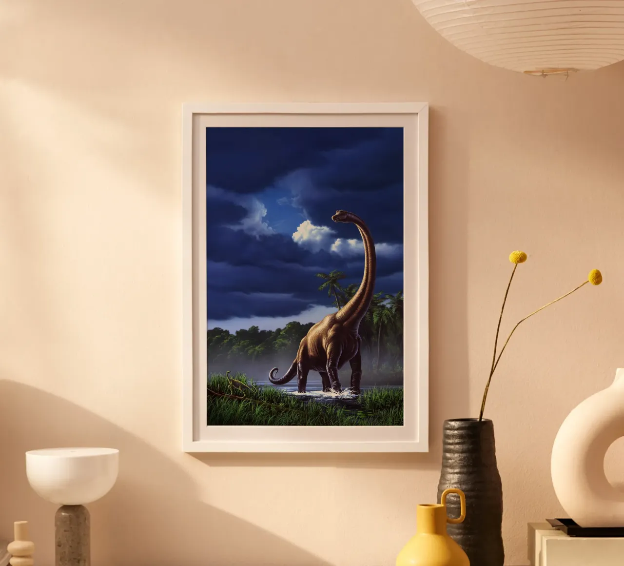 Un Brachiosauro in una palude poster con telaio in alluminio da David Jackson