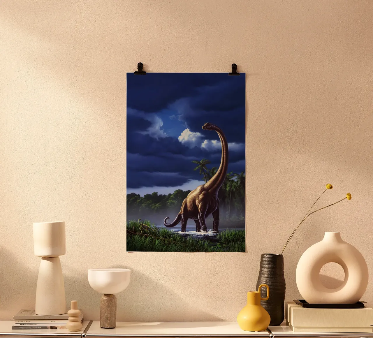Un Brachiosauro in una palude poster con telaio in alluminio da David Jackson