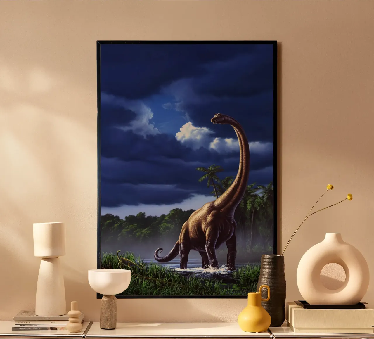 Un Brachiosauro in una palude poster con telaio in alluminio da David Jackson