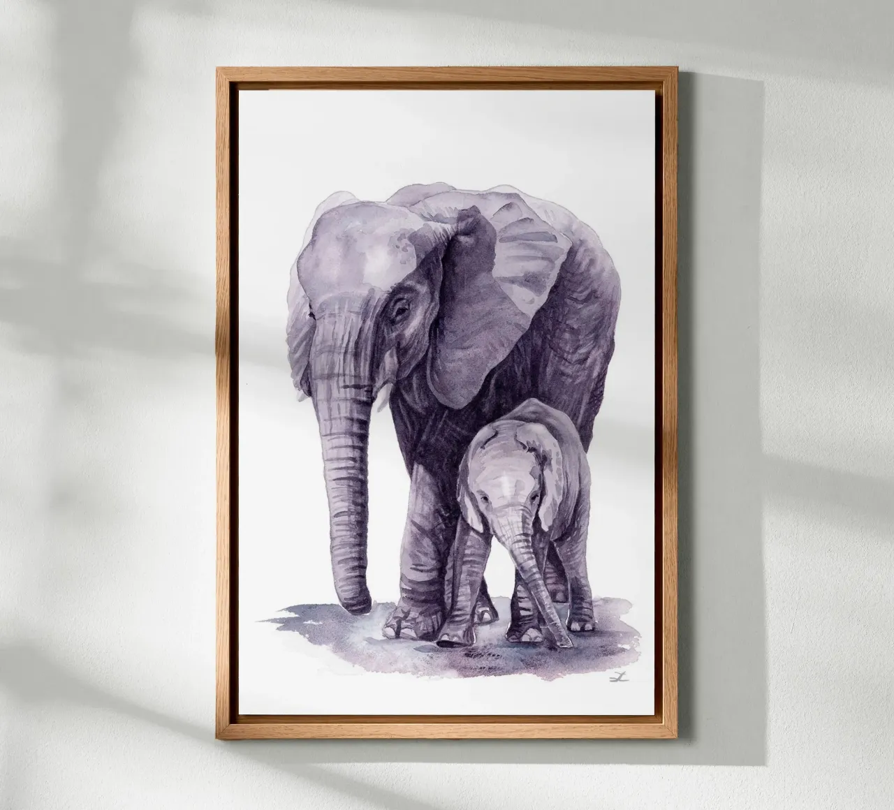 Moederolifant met haar kalf canvas met Baklijst van David Jackson