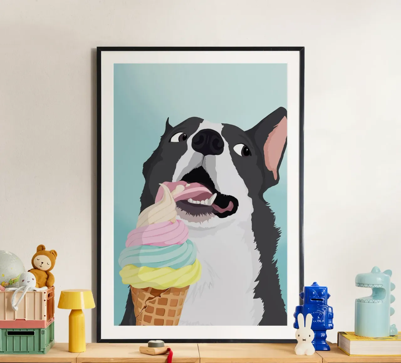 Cane impertinente con gelato poster con telaio in plastica da David Jackson